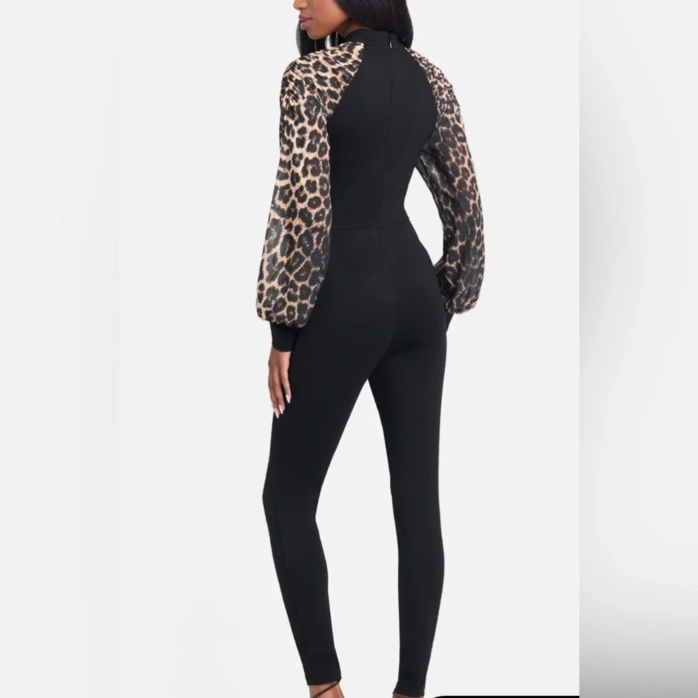 NWT Bebe Leopard PRINTPUFF SLEEVE CATSUIT SzM - Picture 3 of 10
